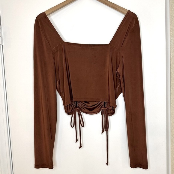 Haley&June Chocolate Ruched Detail Bardot Long Sleeve Crop Top Size XL - Picture 6 of 8